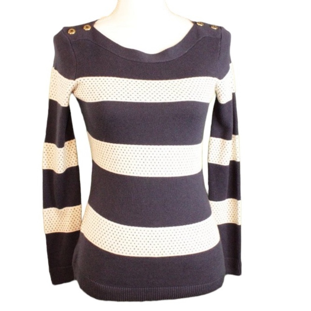 Charter Club Stripe Stitch Sweater XS Petite Intrepid Blue Combo Long Sleeve NWT